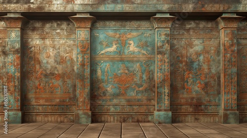 An ancient Egyptian wall with intricate paintings and pillars, weathered by time