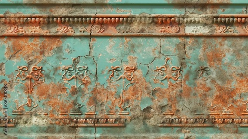Close-up of an ancient wall with intricate carvings and faded paint © Constantine Art