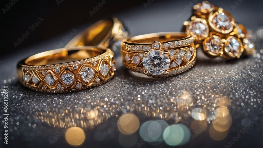 Display showcase of luxurious gold jewelry diamond rings. Display showcase of luxurious gold jewelry diamond rings.