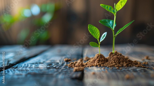 Close-up of young green plants sprouting in soil, symbolizing growth and new beginnings. photo