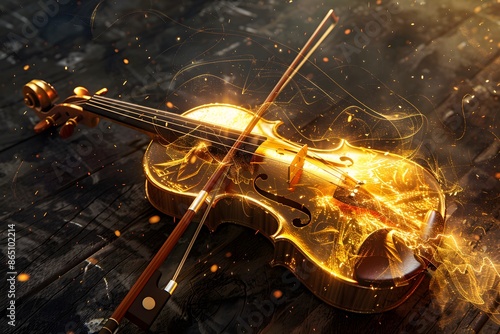 A violin with fiery golden energy. 