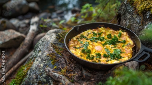 A simple and delicious wild omelette made with fresh eggs gathered from a nearby nest and wild herbs picked from the forest floor.