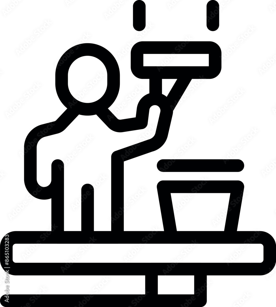 House painter is standing on a step ladder and painting the ceiling with a paint roller House painter is standing on a step ladder and painting the ceiling with a paint roller