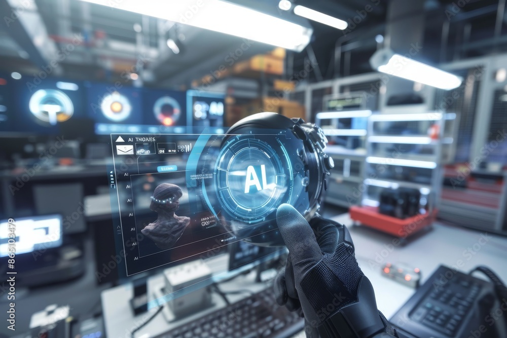 AI-powered control room in a high-tech industrial setting, highlighting the integration and advanced capabilities of artificial intelligence in modern industry. AI-powered control room in a high-tech industrial setting, highlighting the integration and advanced capabilities of artificial intelligence in modern industry.