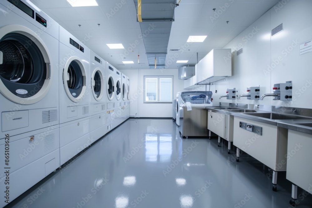 A photo of a modern laundry room featuring multiple washing and drying machines, bright lighting, and a clean interior, creating an atmosphere of efficiency and order. A photo of a modern laundry room featuring multiple washing and drying machines, bright lighting, and a clean interior, creating an atmosphere of efficiency and order.
