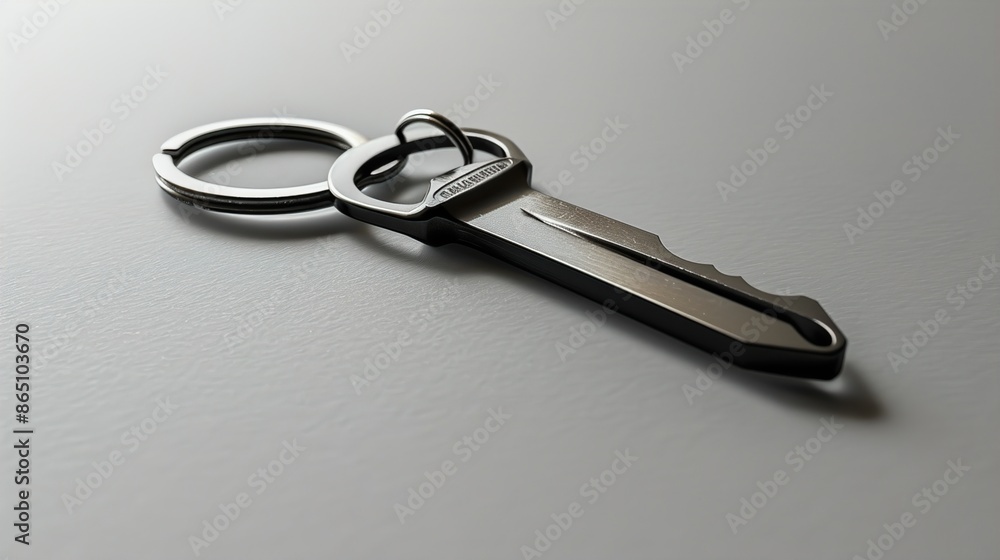 A stainless steel keychain with a bottle opener feature on a solid grey background. A stainless steel keychain with a bottle opener feature on a solid grey background.