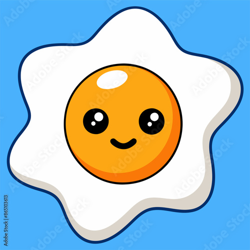 The image shows a fried egg with a cute smile on a blue backdrop
