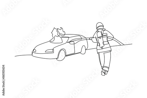 Single continuous line drawing of the process of extinguishing a fire in a burning car. Professional work job occupation. Minimalism concept one line draw graphic design vector illustration