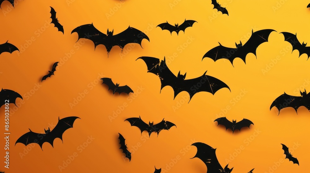 Fototapeta premium Halloween Background with Flying Black Bats on Bright Orange Gradient