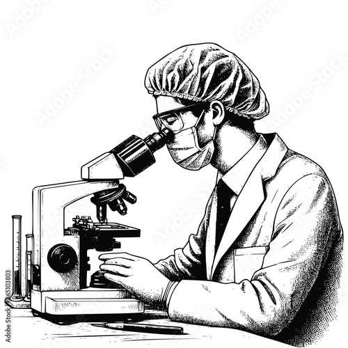 hand drawn male scientist working using microscope. engraving black and white scientist conducting research in the laboratory vector illustration