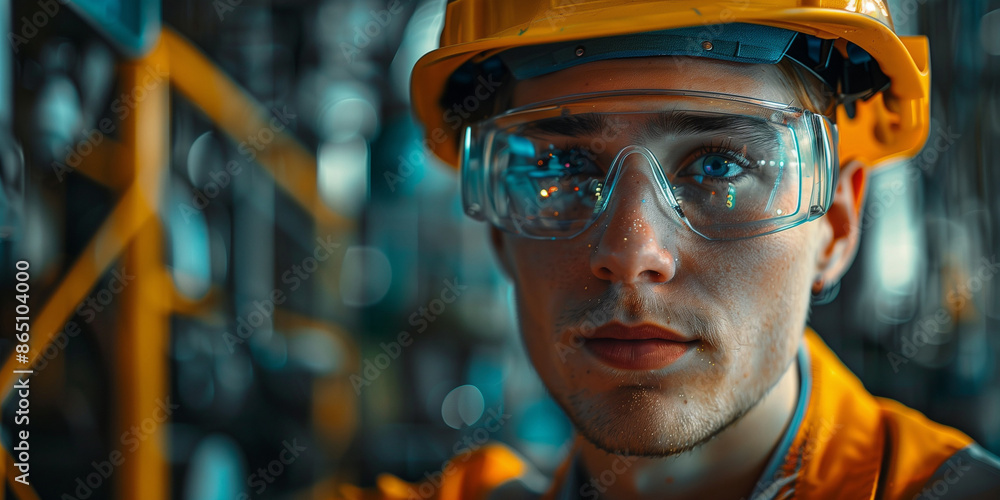 Male worker at a factory concept poster background. Man worker wearing ...