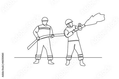 Single continuous line drawing of two extinguishers spray water. Professional work job occupation. Minimalism concept one line draw graphic design vector illustration