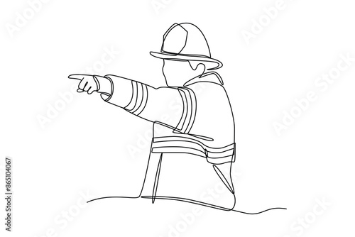 Single continuous line drawing of a fire chief gives directions to his subordinates. Professional work job occupation. Minimalism concept one line draw graphic design vector illustration