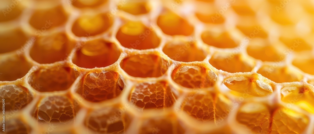 Close-Up of Honeycomb Structure with Golden Honey in Warm Sunlight Close-Up of Honeycomb Structure with Golden Honey in Warm Sunlight
