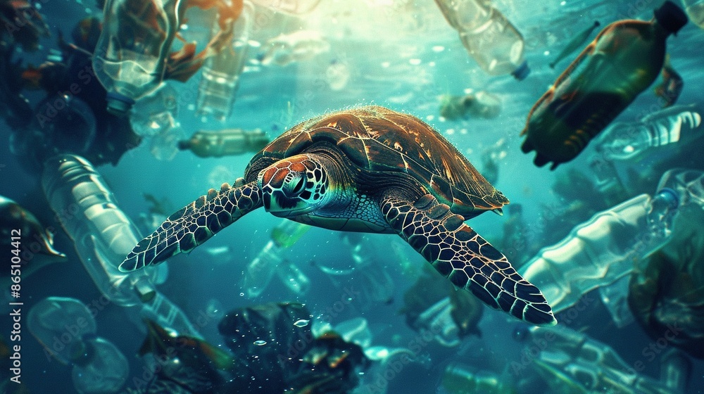 Turtle Navigating Underwater Amidst Discarded Plastic Bottles Turtle Navigating Underwater Amidst Discarded Plastic Bottles