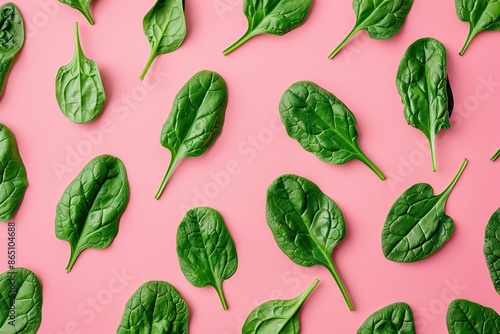Spinach leaf on colored background. Spinach pattern, flatley, top view. Fresh juicy green healthy spinach leaves on pink backdrop. Arranged fresh natural food, design elements. Lots of greenery. photo