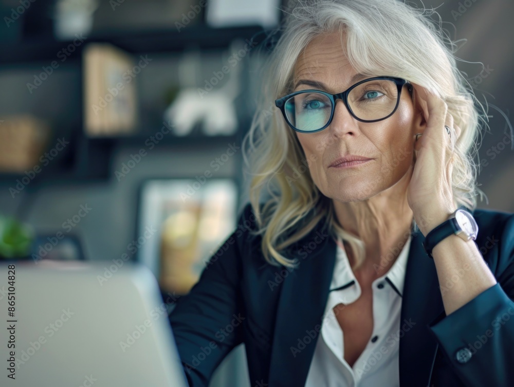 A woman sitting in front of a laptop, focused on her work