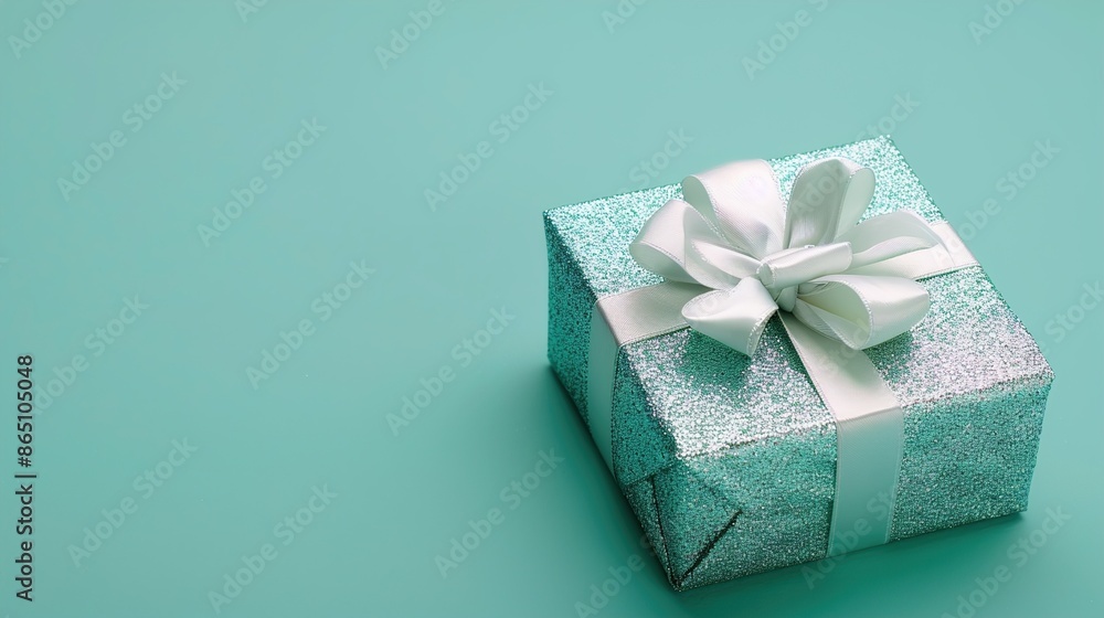 A tiny gift box with a glittery wrapping paper and a silver ribbon on a solid teal background. A tiny gift box with a glittery wrapping paper and a silver ribbon on a solid teal background.