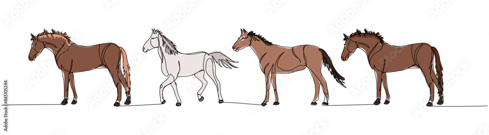 Obraz premium horse set, pony, livestock, artiodactyl one line color, colored art. Continuous line drawing of farm, nature, agriculture, farm animals, rural life, ranch.