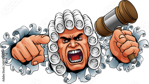 An angry judge cartoon character holding a wooden hammer gavel