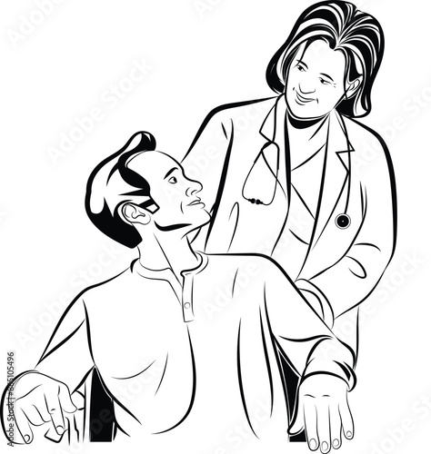 Woman doctor talking with patient on wheelchair