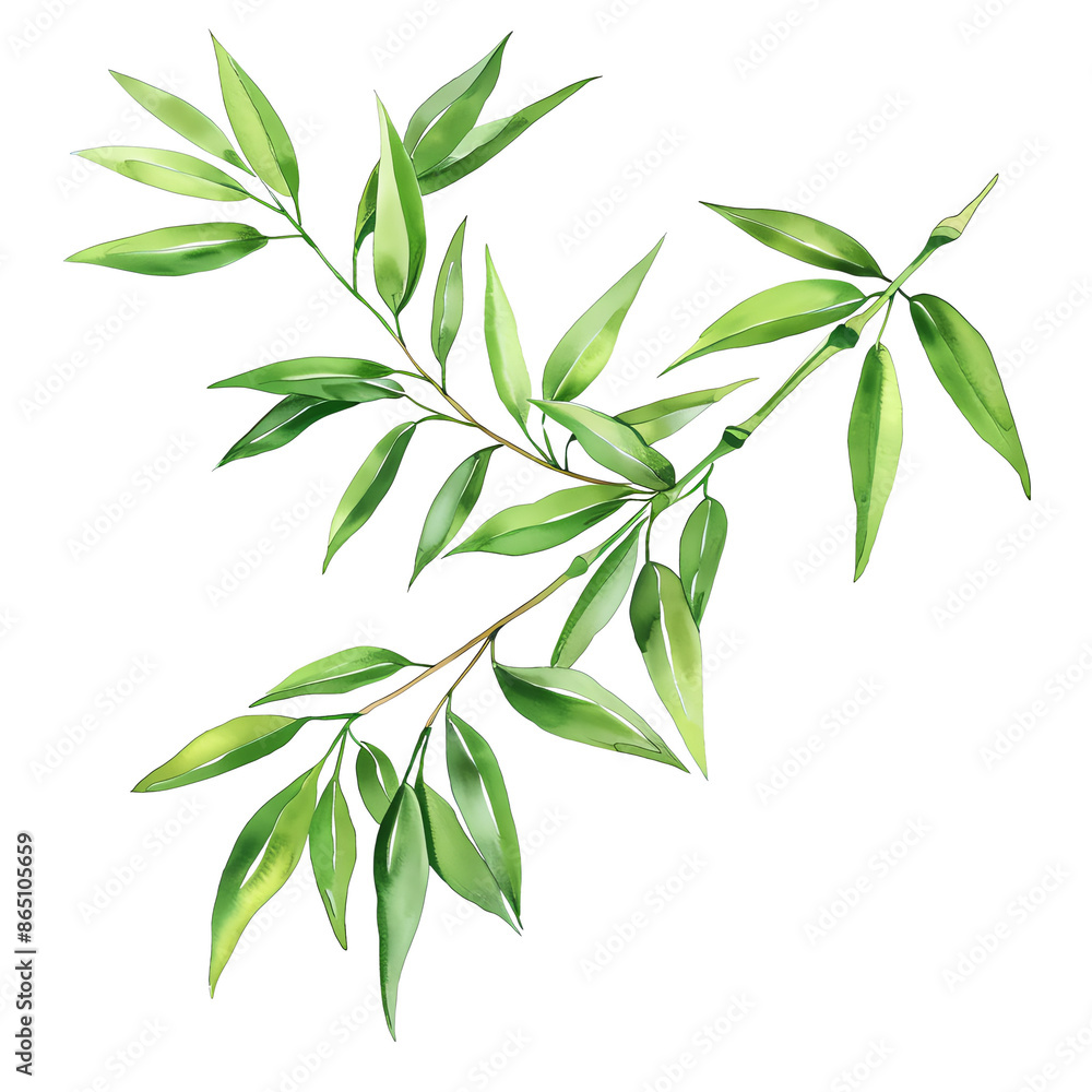 Fototapeta premium Illustration of vibrant green bamboo leaves on a branch, showcasing nature's beauty and tranquility. Perfect for botanical and nature-themed designs.