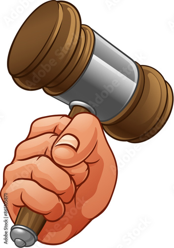An auctioneer or judge hand holding a wooden hammer gavel