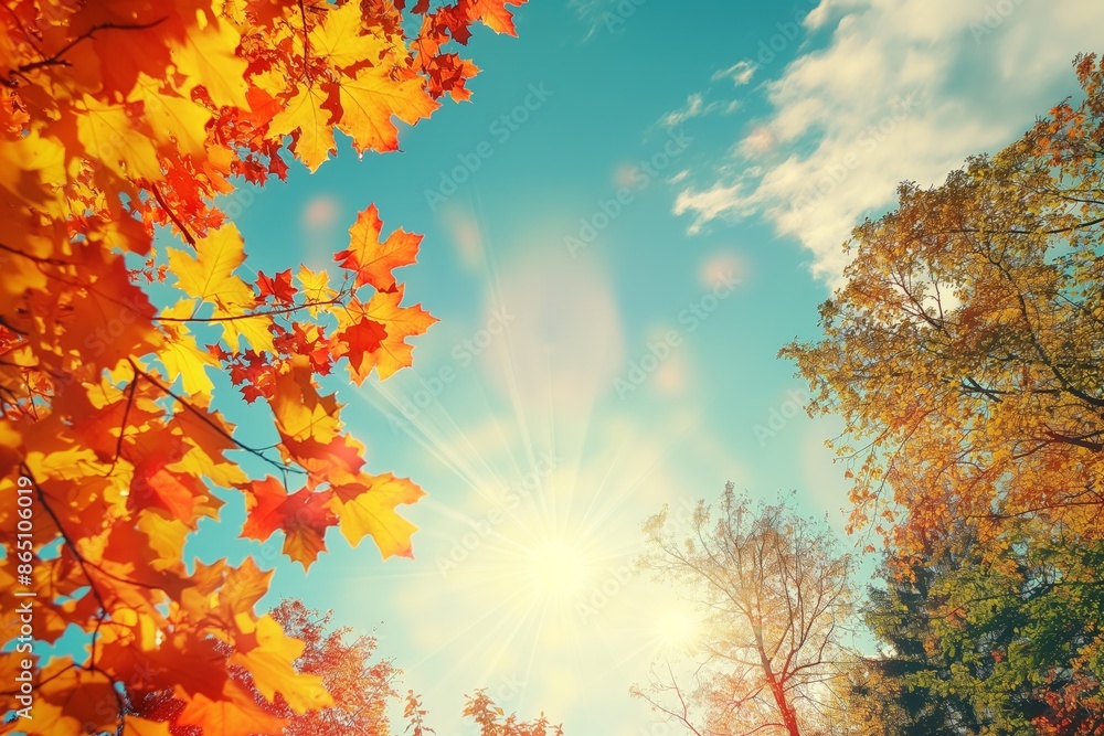 Vibrant autumn foliage under a sunny sky in a forest park. Vibrant autumn foliage under a sunny sky in a forest park.