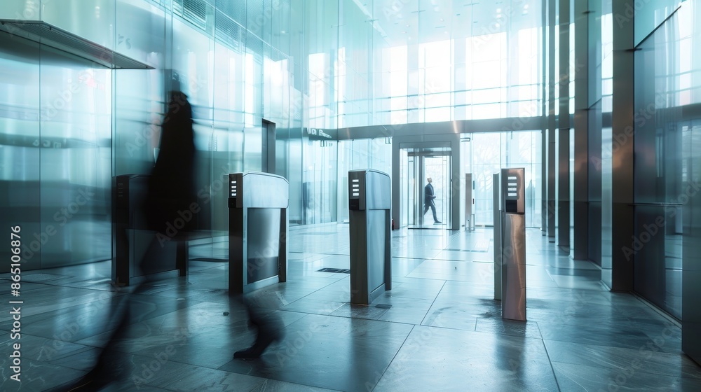 Dynamic Security Blurred Motion of Business Professional Passing Through Turnstiles in Modern Corporate Building Dynamic Security Blurred Motion of Business Professional Passing Through Turnstiles in Modern Corporate Building