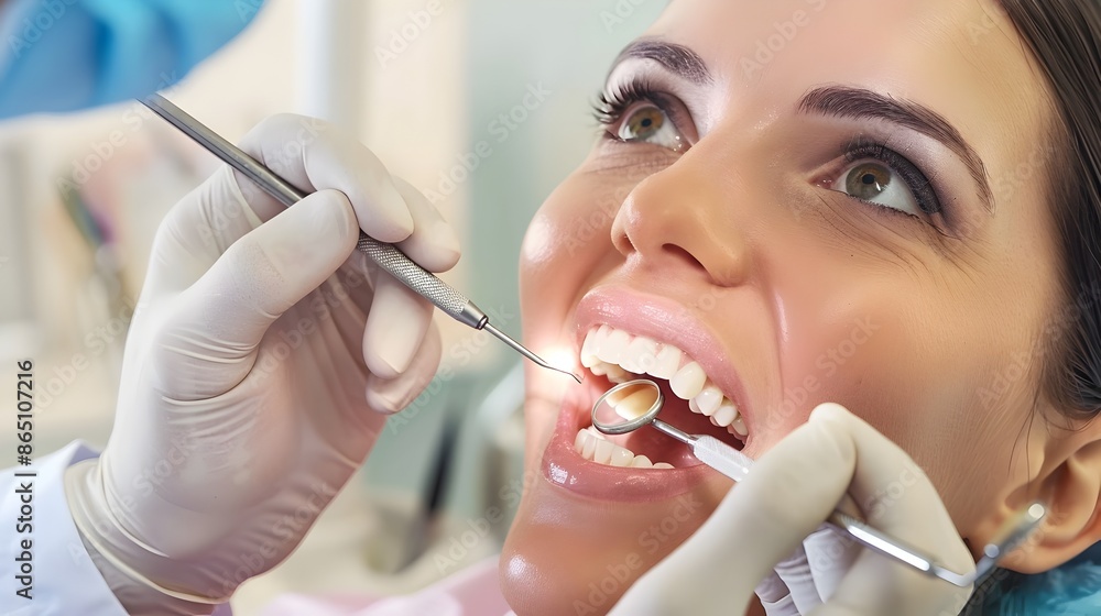 Dentist Examining Patient s Teeth with Dental Tools in Medical Clinic Dentist Examining Patient s Teeth with Dental Tools in Medical Clinic