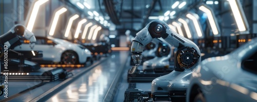 High-tech factory with robotic arms assembling cars in automated production line © Georgii