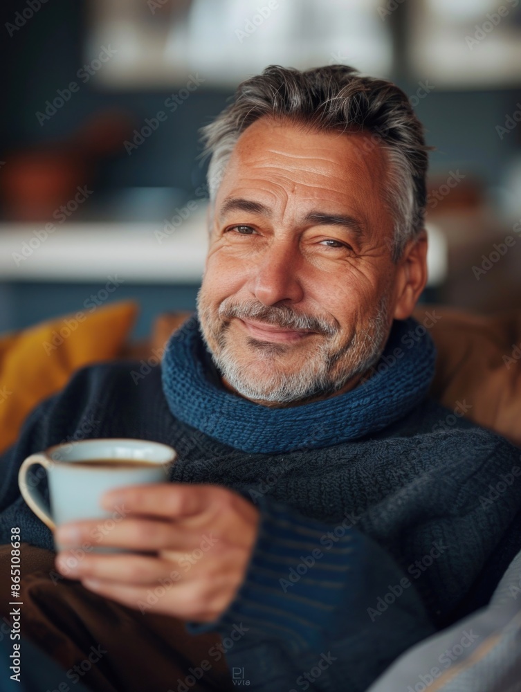 A person relaxing on a sofa with a cup of coffee, great for everyday scenes or office settings