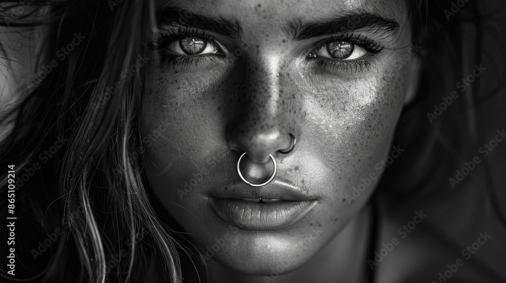 A woman with a nose ring and a confident smirk unapologetically defying societal norms. Black and white art A woman with a nose ring and a confident smirk unapologetically defying societal norms. Black and white art