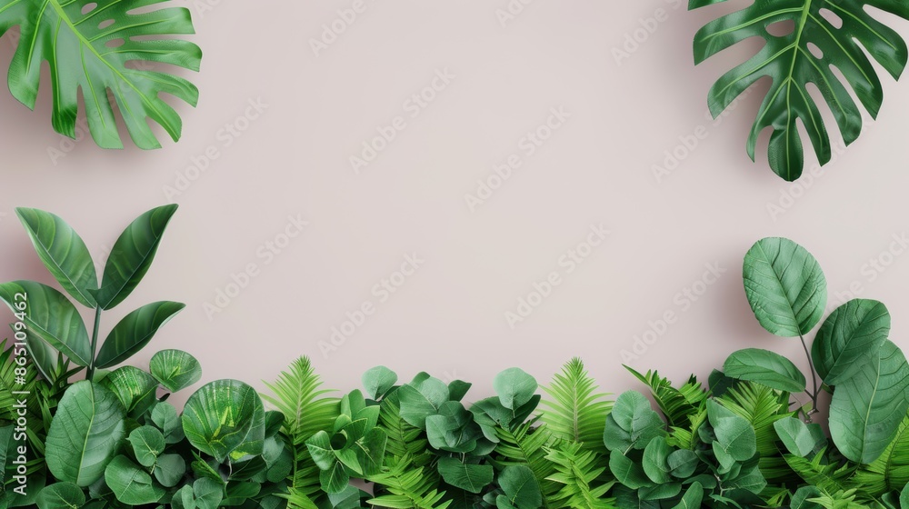 Naklejka premium A fresh and modern layout with a green foliage border encasing a plain background, offering plenty of copy space. The minimalist style emphasizes the lush greenery.