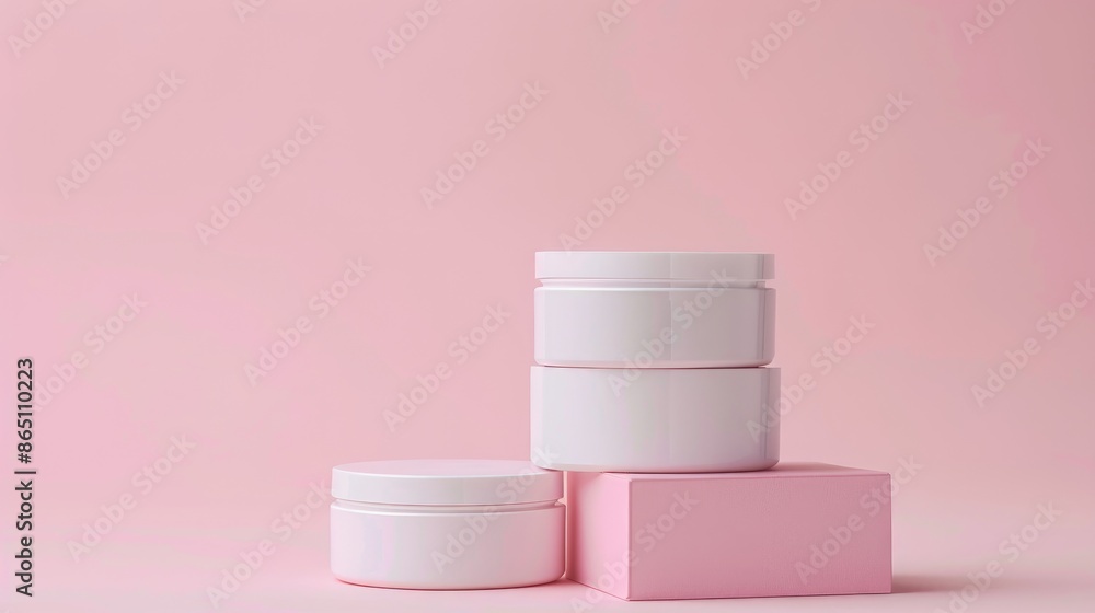 Cosmetic containers in white on pink background with room for text Cosmetic containers in white on pink background with room for text