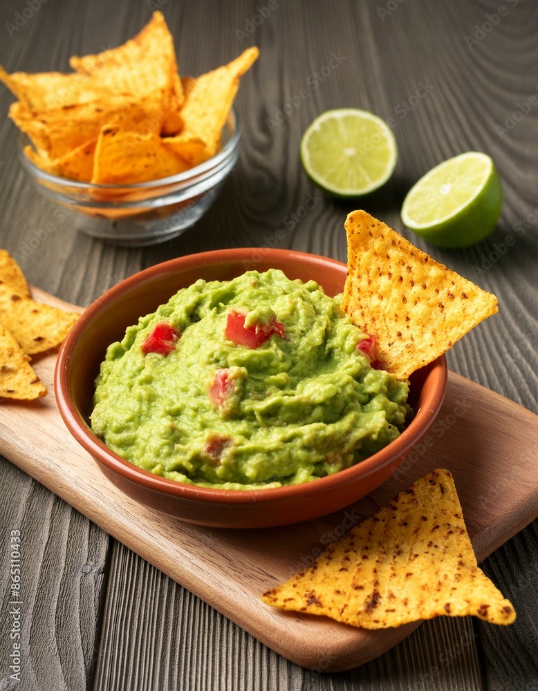 Mexican traditional food guacamole with nachos in plate Mexican traditional food guacamole with nachos in plate