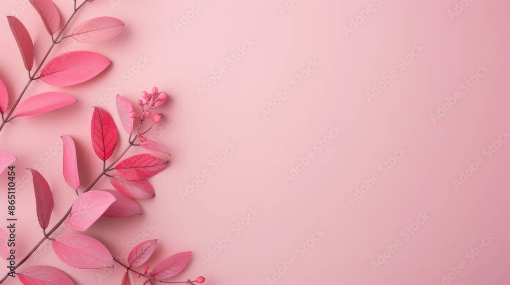 A soft and subtle pink foliage border surrounds a minimalist background, offering plenty of copy space for creative projects. A soft and subtle pink foliage border surrounds a minimalist background, offering plenty of copy space for creative projects.