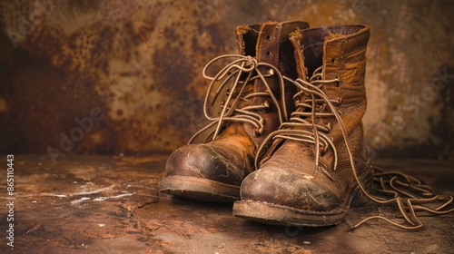 A pair of well-worn leather boots with laces untied, against a rustic brown background.