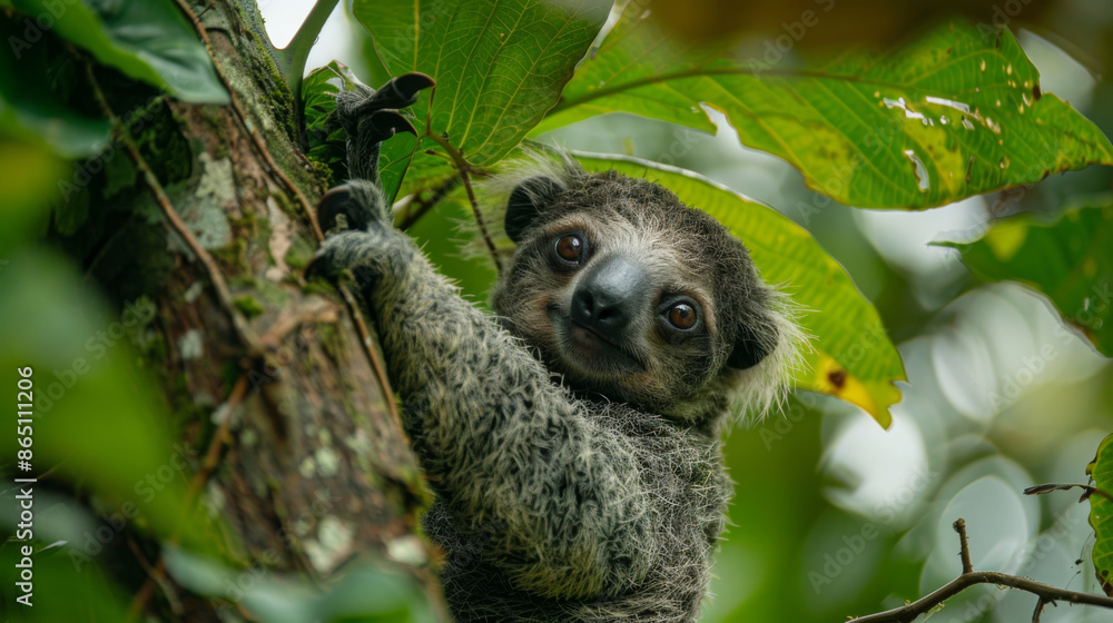 Fototapeta premium Adorable sloth climbing a tree in the forest, surrounded by lush green leaves, appearing playful and curious.