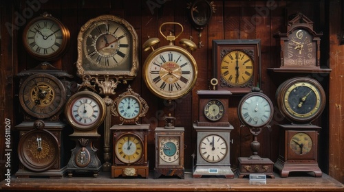 A collection of antique clocks with Roman numerals, against a rich mahogany background.