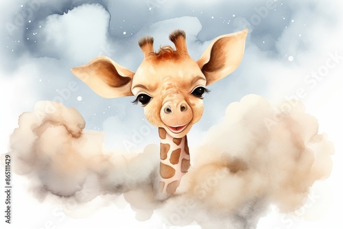 Cute baby giraffe on a cloud.