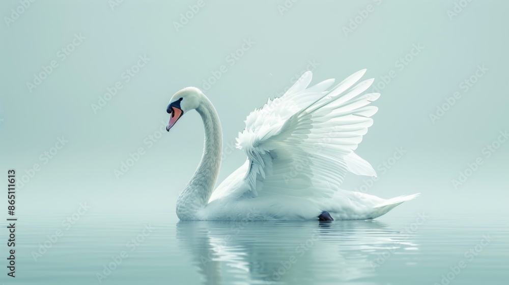 Obraz premium A graceful swan with its wings outstretched, against a serene blue background.