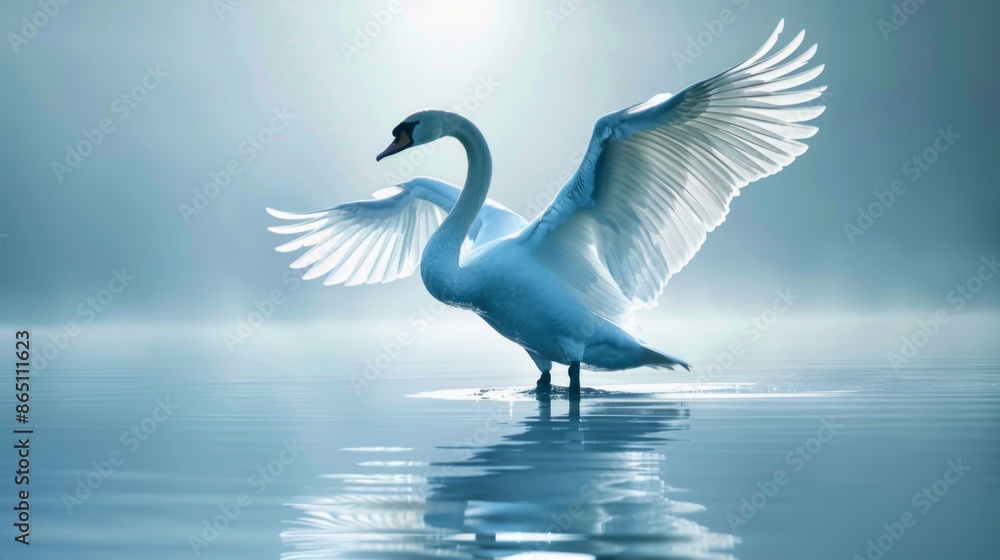 Obraz premium A graceful swan with its wings outstretched, against a serene blue background.