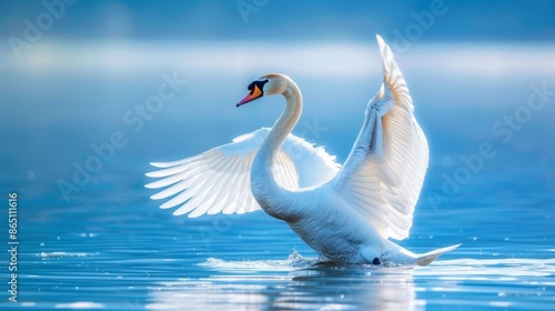 Fototapeta Naklejka Na Ścianę i Meble -  A graceful swan with its wings outstretched, against a serene blue background.
