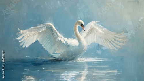 Fototapeta Naklejka Na Ścianę i Meble -  A graceful swan with its wings outstretched, against a serene blue background.