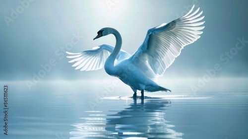 Fototapeta Naklejka Na Ścianę i Meble -  A graceful swan with its wings outstretched, against a serene blue background.