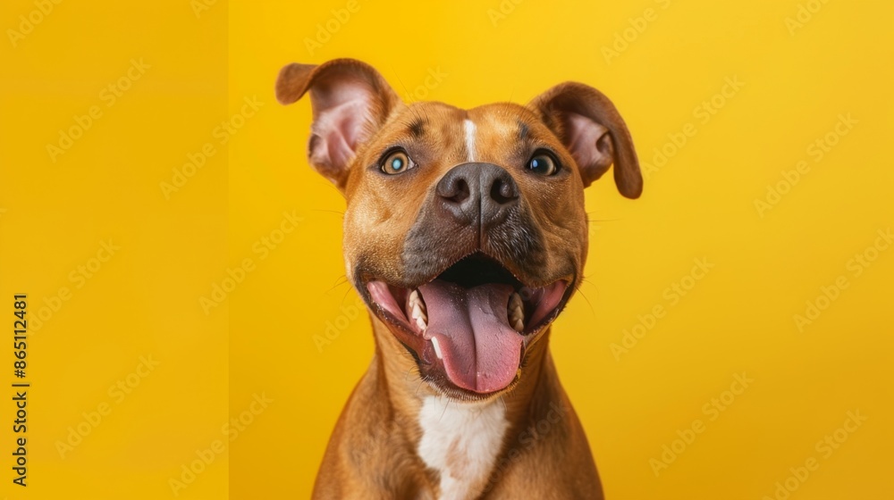 A playful dog with its tongue out, against a bright yellow background. A playful dog with its tongue out, against a bright yellow background.