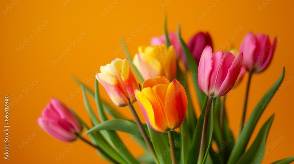 A bouquet of colorful tulips, against a vibrant orange background. A bouquet of colorful tulips, against a vibrant orange background.