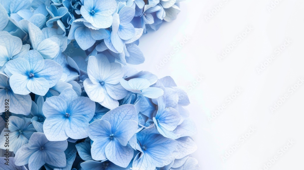 A cluster of blue hydrangeas, against a soft white background. A cluster of blue hydrangeas, against a soft white background.