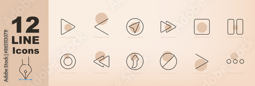 Media control set icon. Play, pause, stop, record, forward, backward, next, previous, shuffle, repeat, eject, menu, media player, audio, video, navigation, music control, multimedia interface.